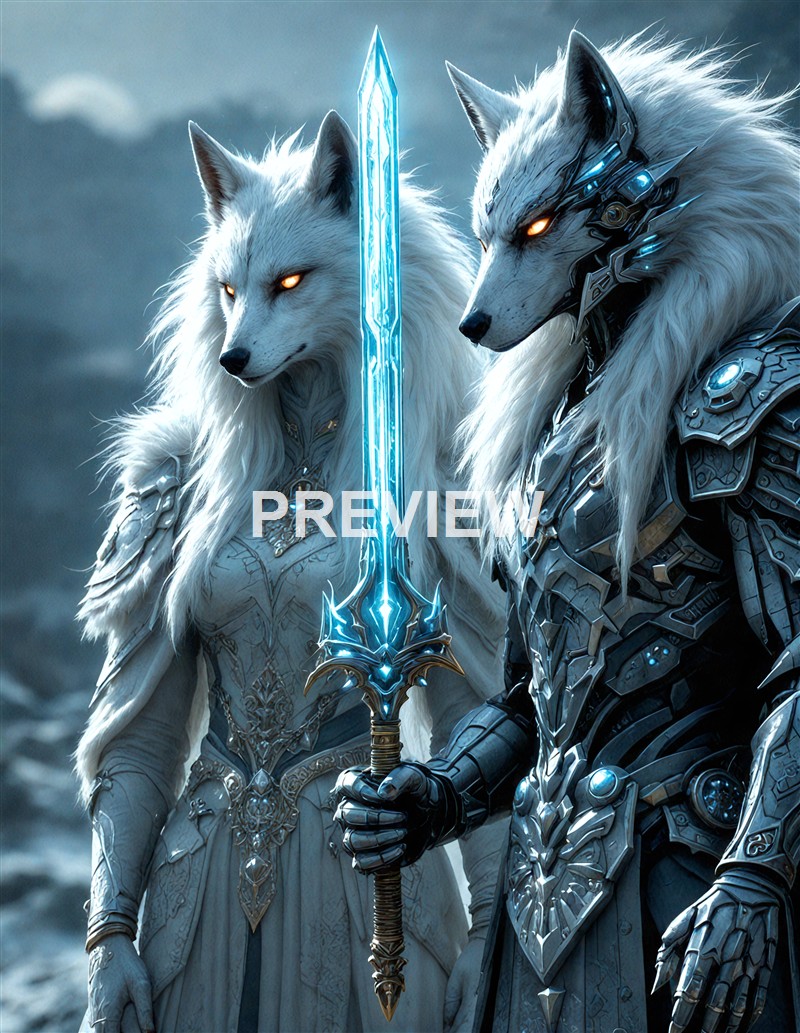 Two anthropomorphic wolves dressed in elaborate armor, with one holding a glowing blue sword, set against a cloudy sky background.